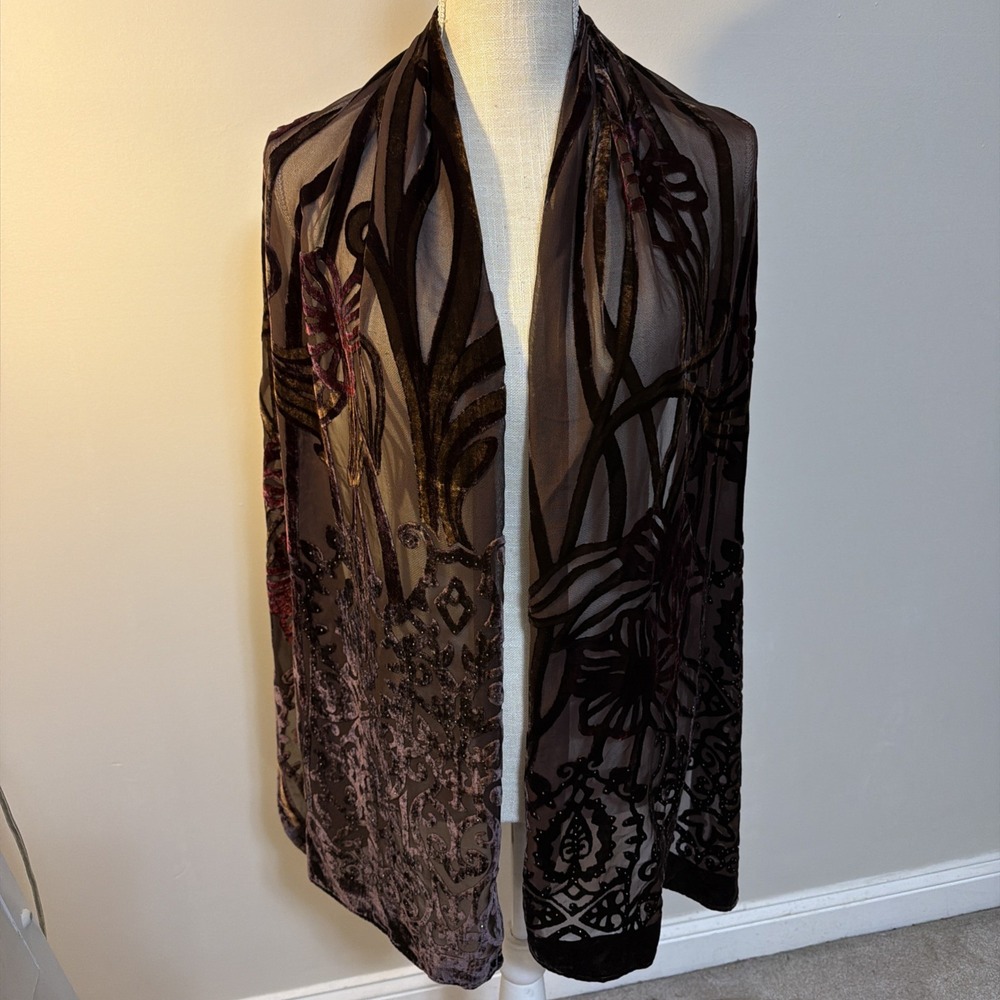 ESTATE Designer Art-to-Wear BROWN Velvet Burnout Devore Oblong Rectangle Scarf
